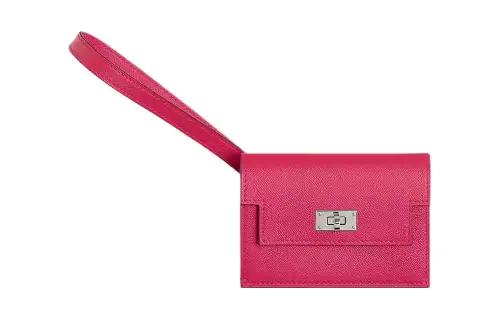 HERMES Kelly Pocket Gold tone Lock Chamkila Goat Skin Clutch Wallet Women's I6 Rose Extreme Pink
