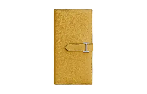 HERMES Bearn Silver Tone Buckle Mysore Goat Skin Card Holder, Wallet Women's Sun Yellow