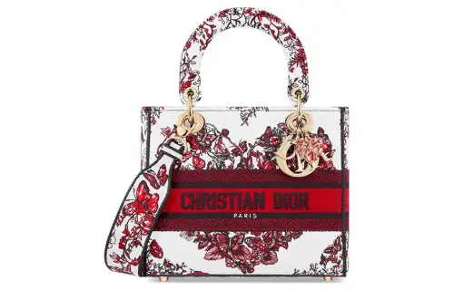 DIOR Lady D Lite Embroidery Handbag, Shoulder Bag, Crossbody Bag, Handbag Medium Women's White & Red