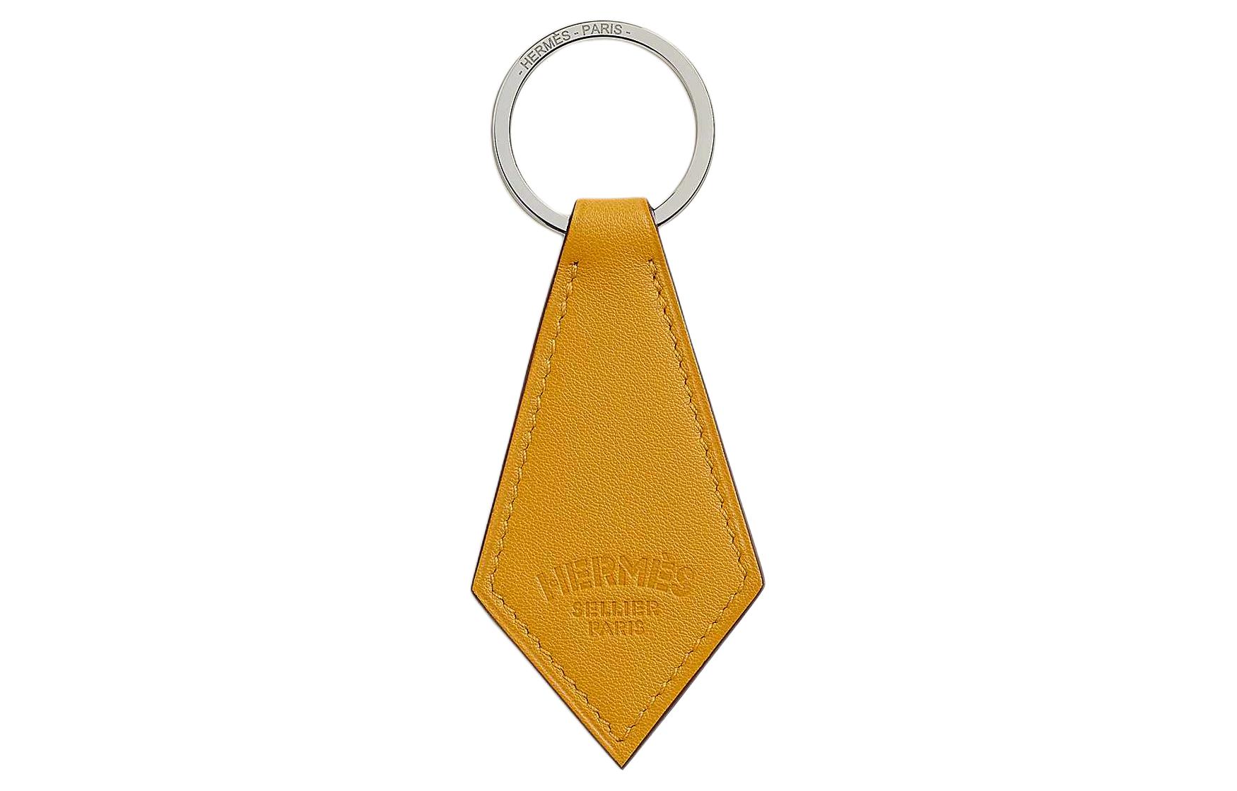 HERMES Silver Tone Buckle Swift Leather Tie Shaped Key Ring, Bag Accessory Women's Amber Yellow