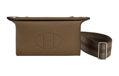HERMES Videpoches Silver Tone Buckle Togo Calfskin Crossbody Bags Men's Brown, Green & Bark