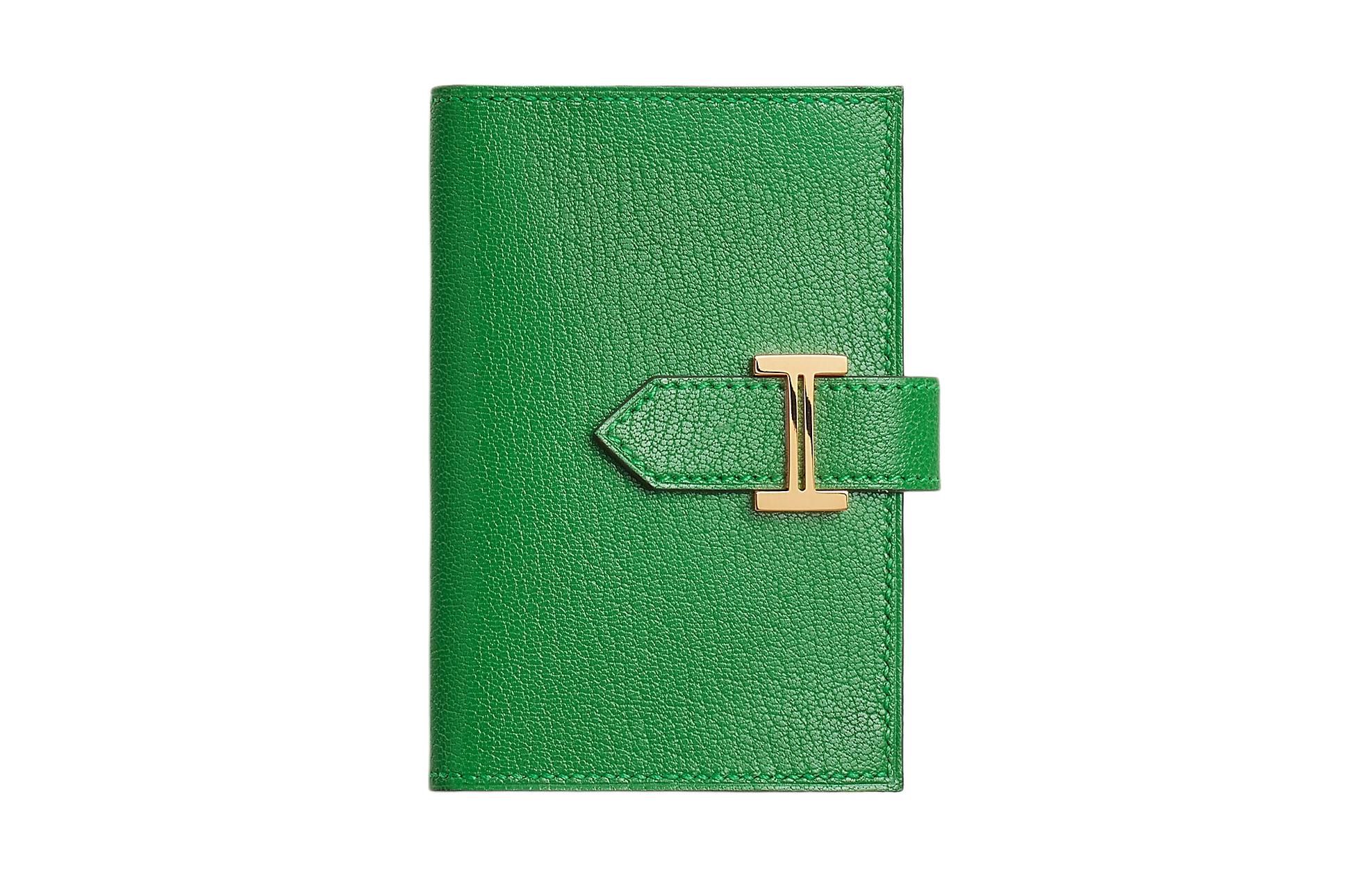 HERMES Bearn Gold tone Lock Tarmac Chamkila Goatskin Card Holder Women's 1K Bambou Bamboo Green
