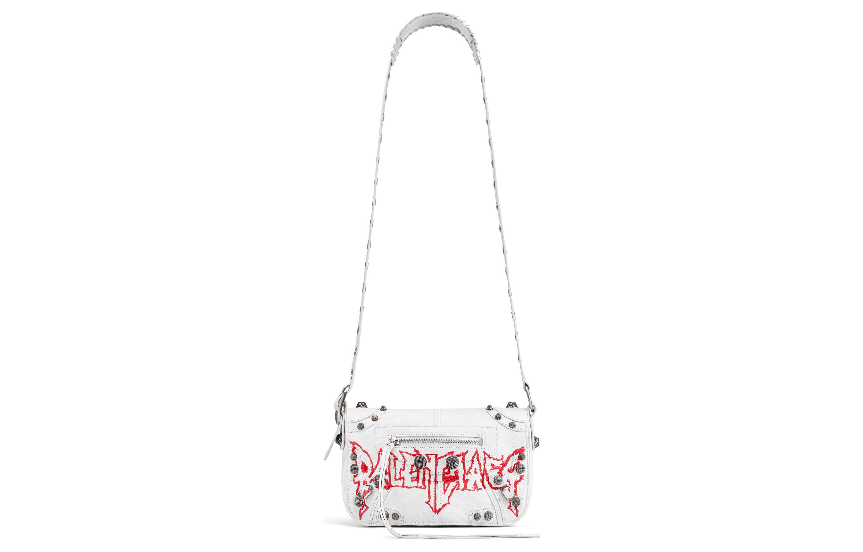 Balenciaga Balenciaga Le Cagole distressed adjustable shoulder strap magnetic flip closure DIY metal art print fine lines sheepskin shoulder crossbody bag super mini men's white