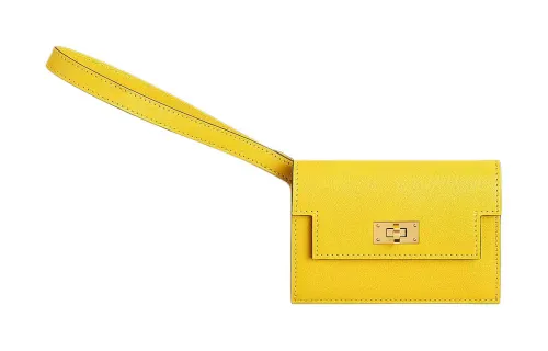 HERMES Kelly Pocket Gold tone Lock Chamkila Goat Skin Clutch Wallet Women's 9O Jaune De Naples Yellow
