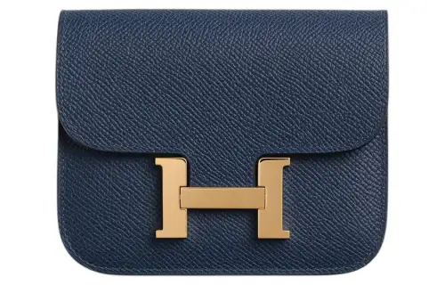 HERMES Constance Slim Gold tone Lock Epsom Leather Card Holder, Coin Purse, Fanny Pack Women's 7U Navy