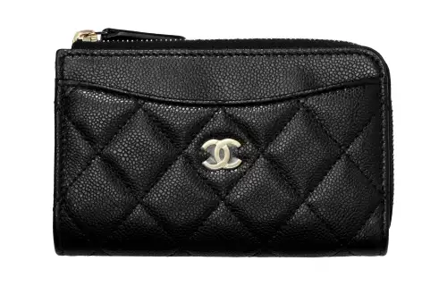 CHANEL Shiny Grain Calfskin & Gold Metal Card Holder Women's Black