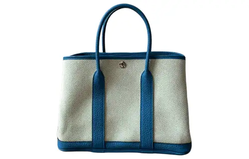 HERMES Garden Party Officier Canvas With Negonda Calfskin Handbag 30 Women's Beige & Blue