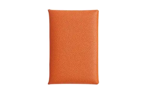 HERMES Calvi Epsom Leather Card Holder Women's Orange & Blue
