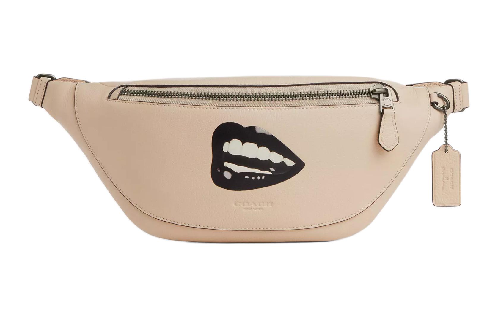 COACH Coach x Tom Wesselmann Warren 40 Exterior zip pocket Refined pebbled leather Shoulder crossbody belt bag Large Men's Bronze and ivory multicolor