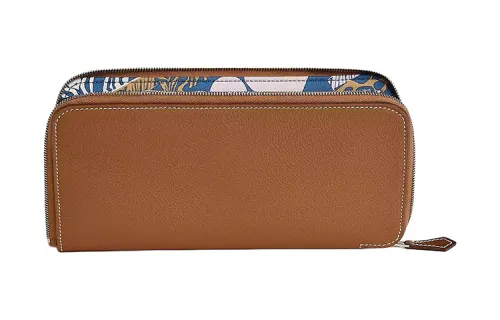 HERMES Silk'In Evercolor & Barenia Calfskin Wallet Women's Gold & Marine Blue & 0S Vert Fizz Bubble Green