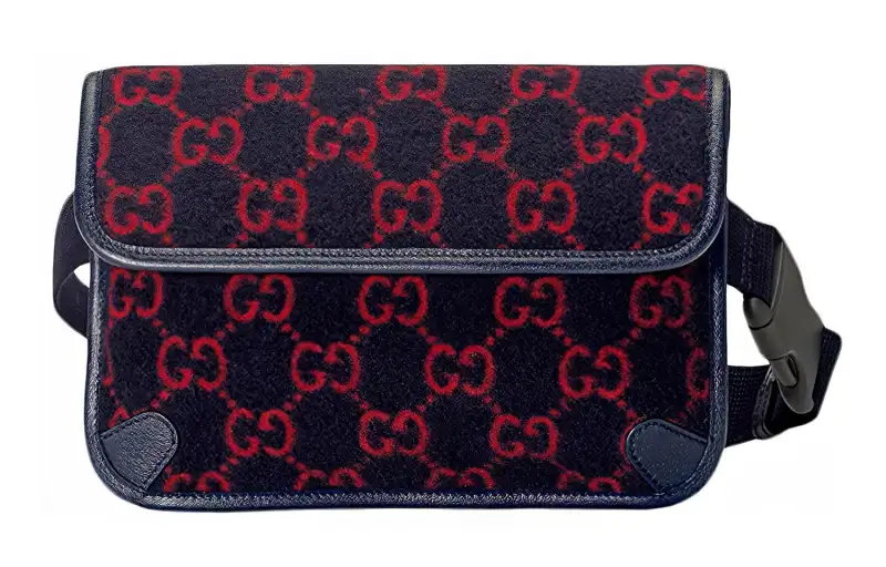 GUCCI Wool With Leather Shoulder Bag, Crossbody Bag, Sling Bag, Fanny Pack Unisex Red Blue