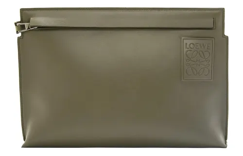LOEWE T Pouch Bag Cow Leather Clutch Small Women's Khaki Green