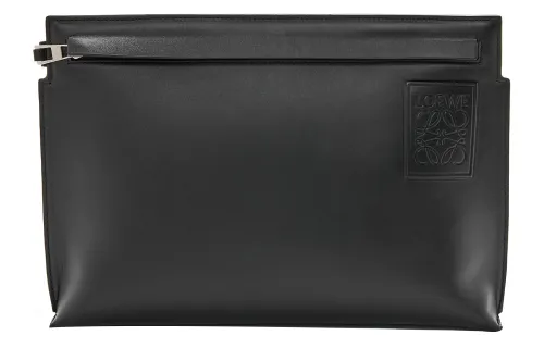 LOEWE T Pouch Bag Cow Leather Clutch Small Women's Black