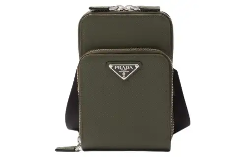 PRADA Saffiano Leather One Shoulder Crossbody Cell Phone Pouch Men's Green