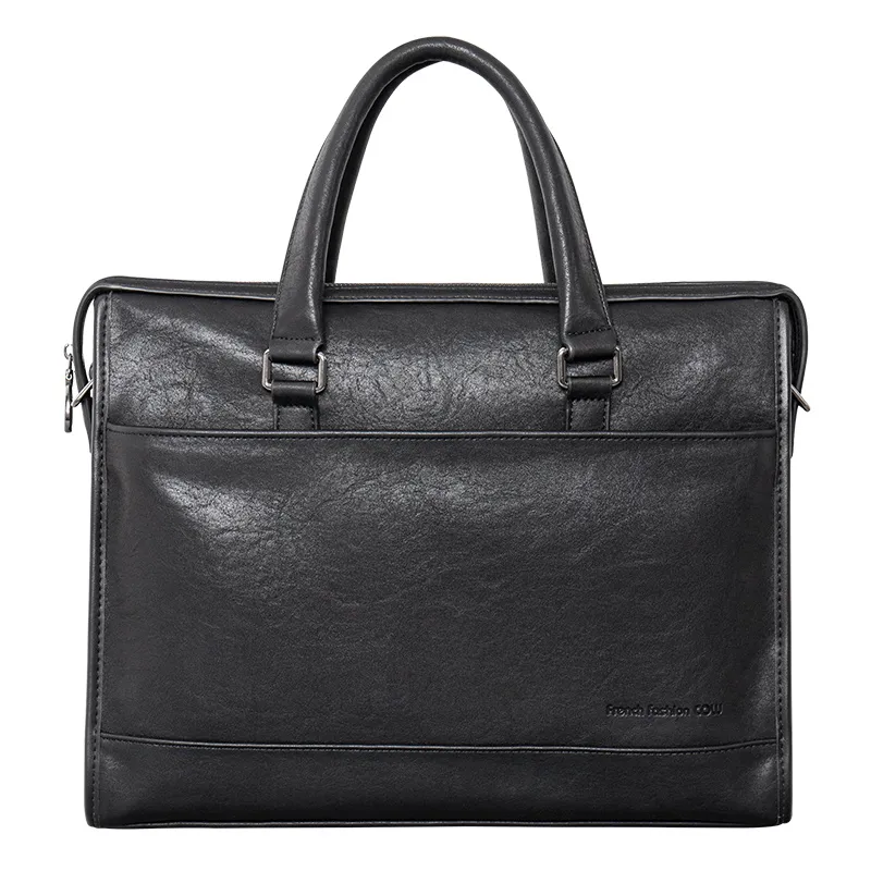 COW Leather Texture, Microfiber Synthetic Leather One Shoulder Crossbody Handheld Briefcase Large Men's Black