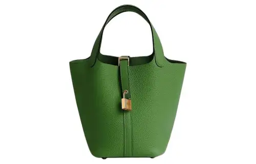 HERMES Picotin Lock Clemence Bullock Leather Basket Bag, Bucket Bag, Handbag 18 Women's A8 Yuka Ribbon Green