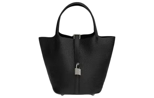 HERMES Picotin Lock Clemence Bullock Leather With Ostrich Leather Controller Basket Bag Handbag Women's Black