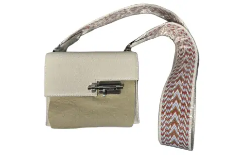 HERMES Verrou Silver Tone Buckle Mysore Goat Skin With Canvas Shoulder Bag, Crossbody Bag Mini Women's White