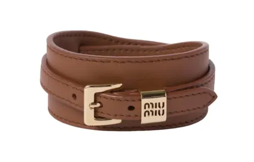 MIU MIU Leather Metal Wristbands Women's Cognac