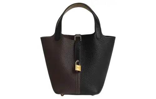 HERMES Picotin Lock Clemence Bullock Leather Basket Bag, Bucket Bag, Handbag 18 Women's Black & Beige