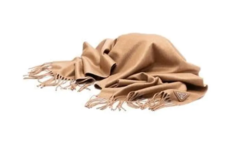 PRADA Triangle Logo Plaque Fringed Scarf
