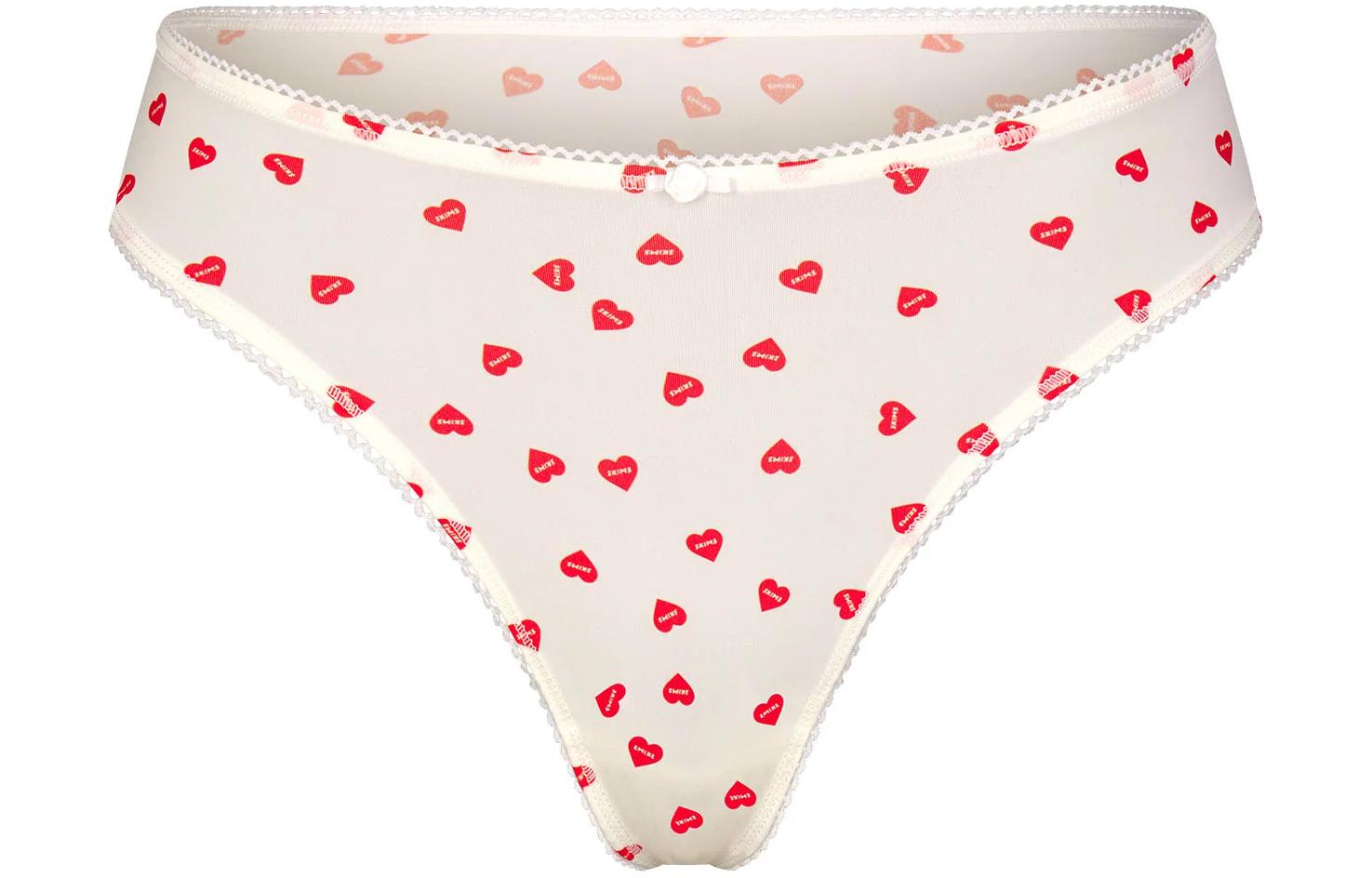 SKIMS Valentine's Day FITS EVERYBODY PICOT TRIM THONG Love-printed T-string underwear for women, 1 pack RUBY HEART PRINT/ruby heart-shaped print