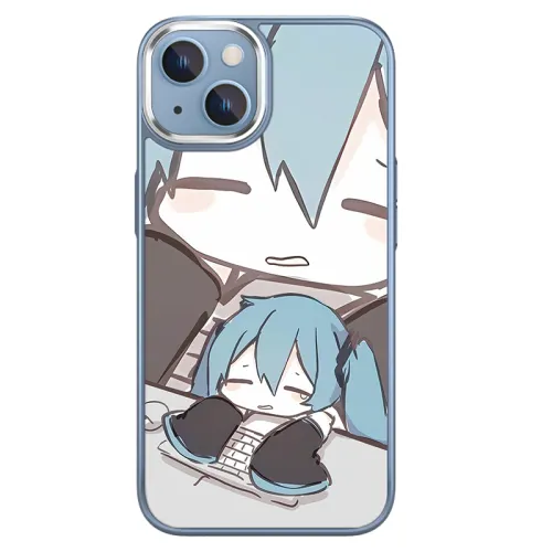 US 10 cents MSMF glass material Q version Hatsune Miku paint anti-fingerprint frosted heat dissipation metal frame mobile phone case Apple/apple suitable for 15/14/13/12/11 PLUS/PRO/MAX
