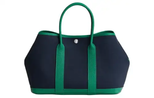 HERMES Garden Party Canvas With Negonda Calfskin Handbag 30 Women's Marine Blue & Dazzling Green