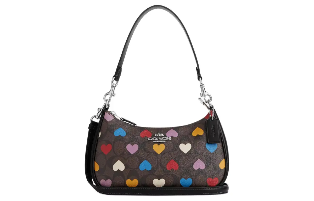 COACH Teri Canvas With Leather Shoulder Bag Medium Women's Silver & Brown & Black & Multicolor