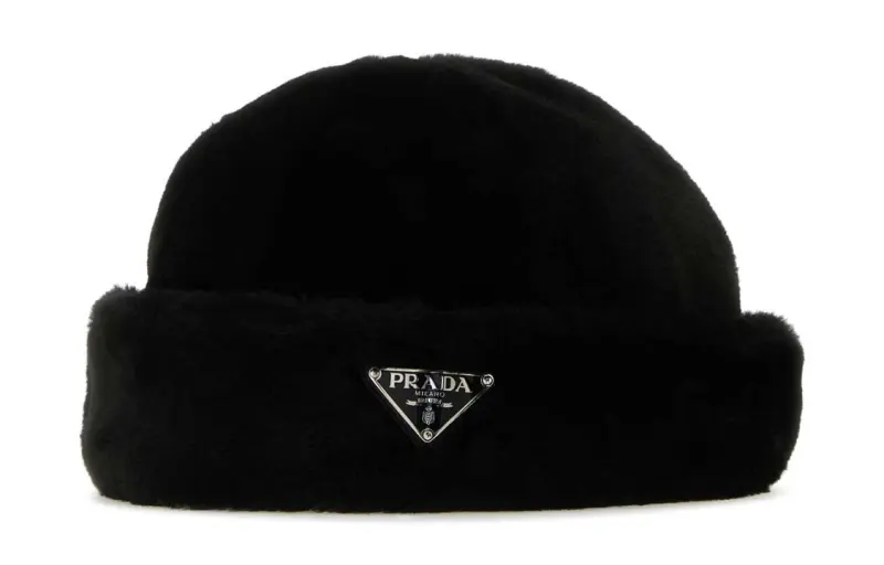 PRADA Triangle Logo Appliqué Turn Up Brim Beanie
