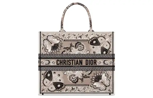 DIOR Embroidery Tote Bag, Shopping Bag, Shoulder Bag, Handbag Large Women's Beige Multicolor Butterfly