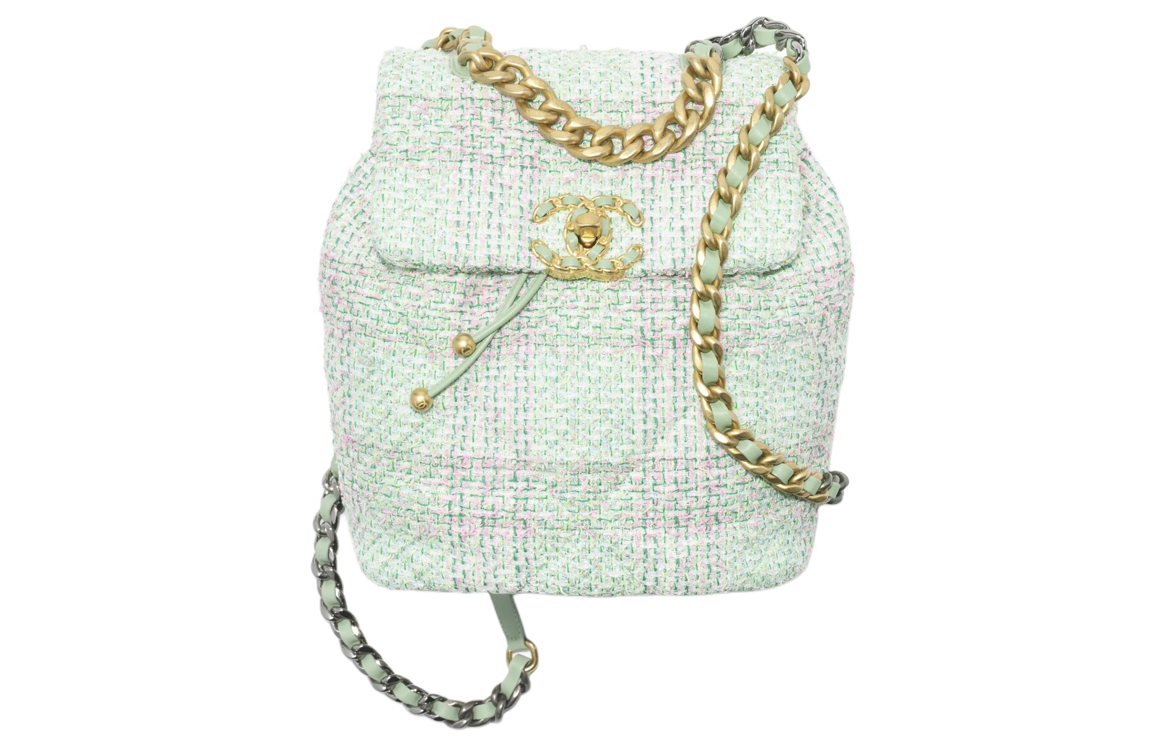 CHANEL 19Bag Twill Soft Woolen Backpack Women's Green & Pink & Turkish Blue