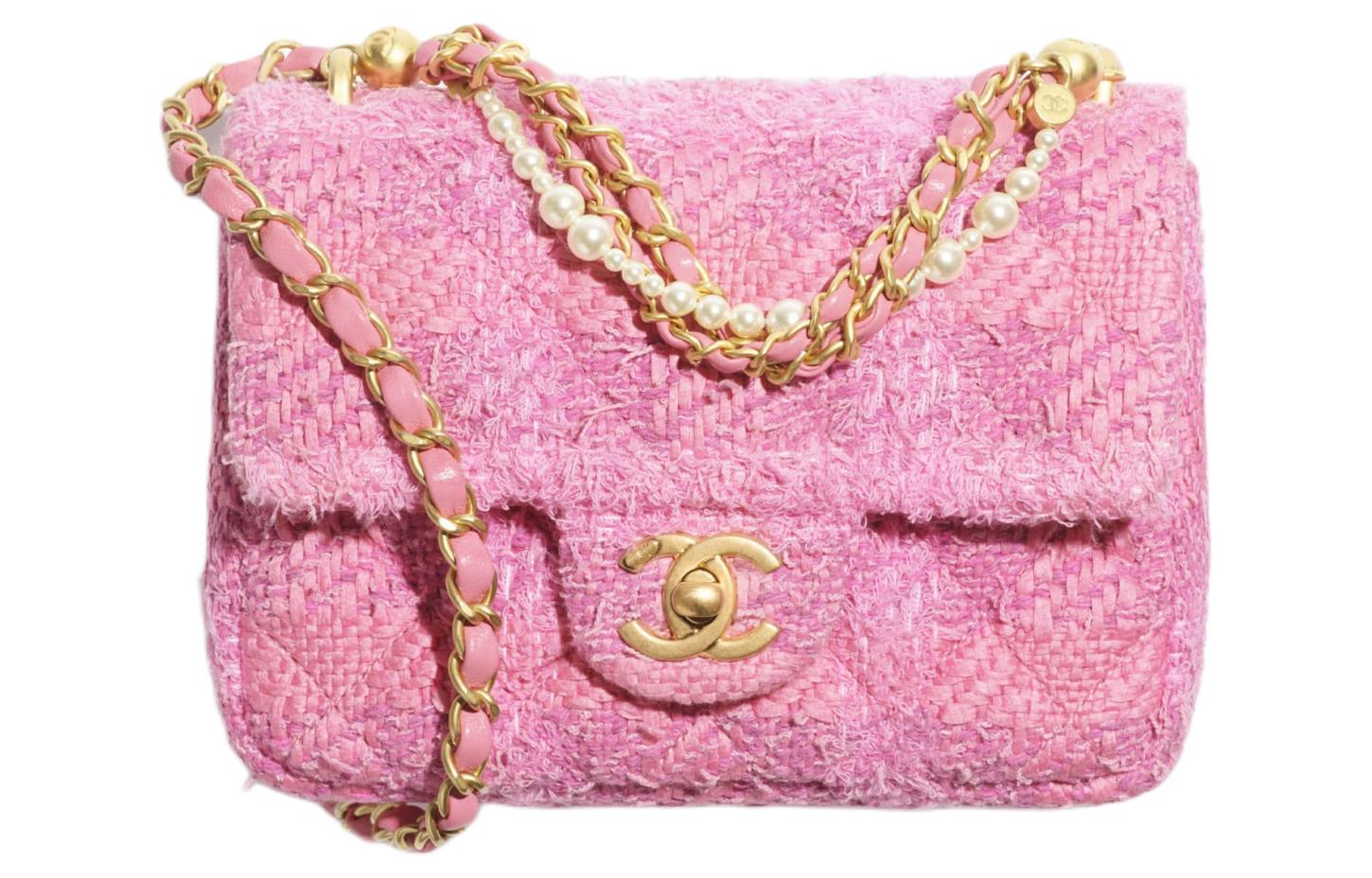 CHANEL Chanel 24P spring and summer classic gold buckle leather chain cotton tweed with artificial pearls flap bag shoulder crossbody bag mini women's pink with dark pink