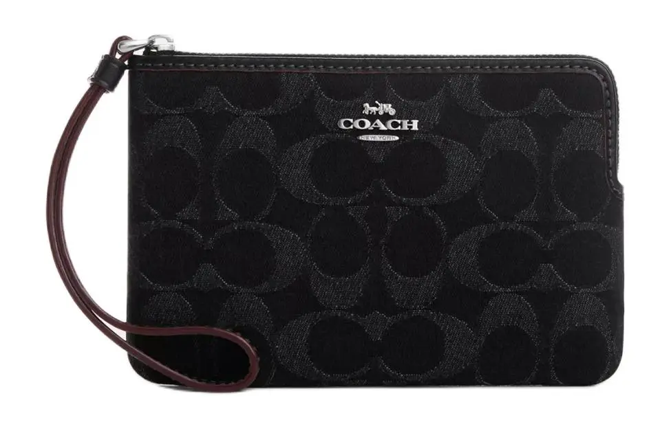 COACH Corner Zip Iconic Denim With Smooth Leather Clutch Mini Women's Silver & Black