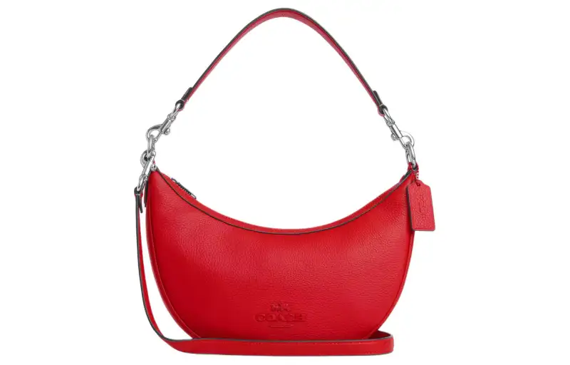 COACH Pebbled Leather Shoulder Bag Medium Women's Silver & Bright Poppy