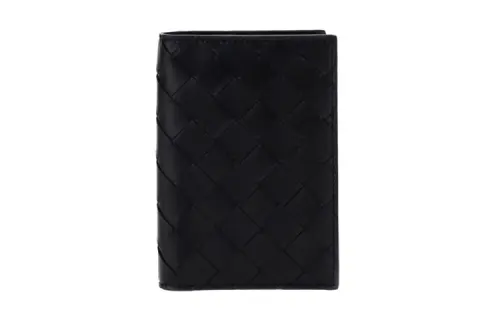 Bottega Veneta Woven Calfskin With Lambskin Passport Wallet Women's Black