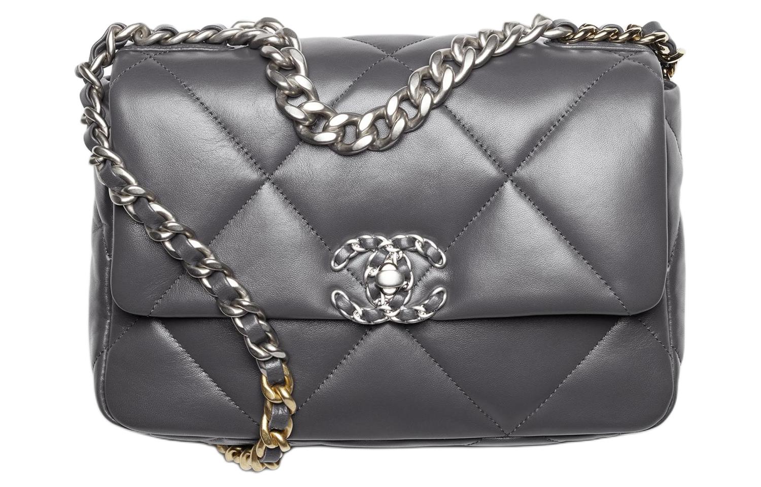 CHANEL 19Bag Shiny Lambskin Flap Bag, Shoulder Bag, Crossbody Bag Women's Dark Gray