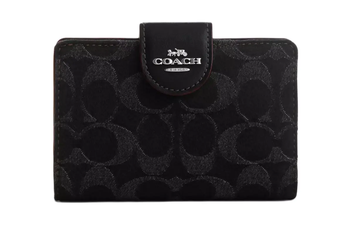 COACH Corner Zip Iconic Denim With Smooth Leather Wallet Women's Black