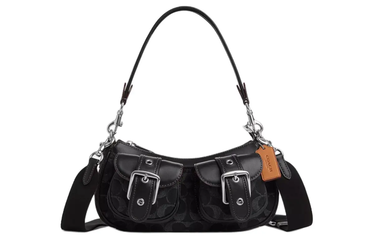 COACH Ashton Iconic Denim With Smooth Leather One Shoulder Handbag Medium Women's Black