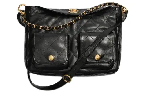 CHANEL Cow Leather Material Vintage Gold Chain Handbag, Shoulder Bag, Crossbody Bag Large Women's Black