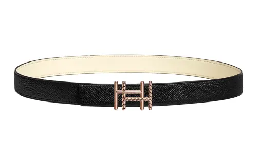 HERMES Double Sided Design, Smooth Buckle Leather Belts Women's Black/White Width 2.4CM