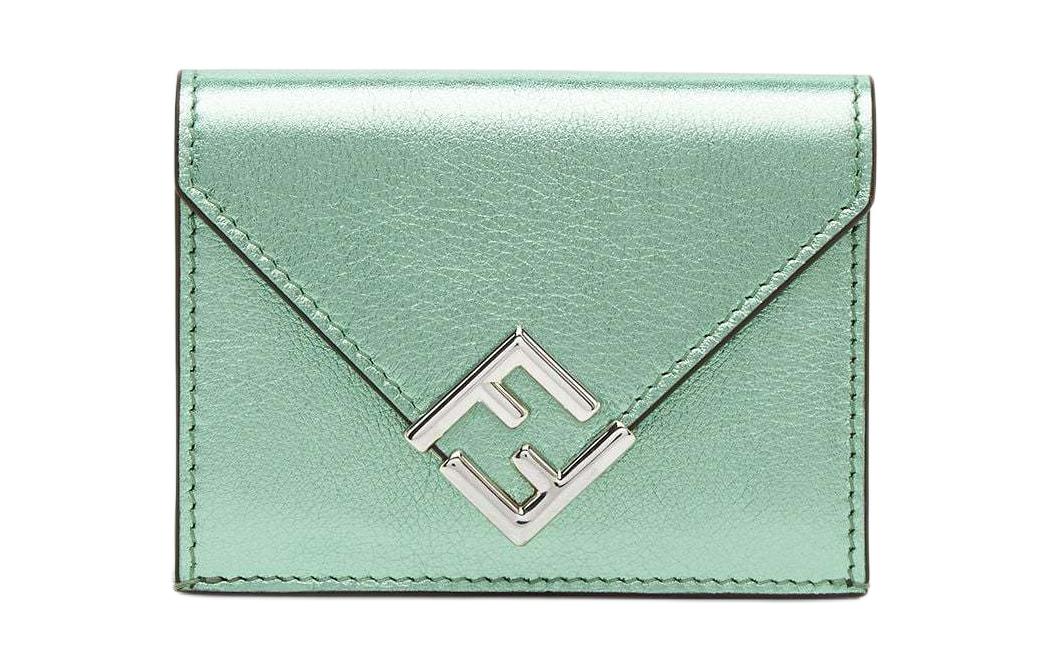 FENDI Fendi FF Diamonds Series Solid Color Tri-Fold Design Snap Button Closure Laminated Leather Wallet Medium Women's Green