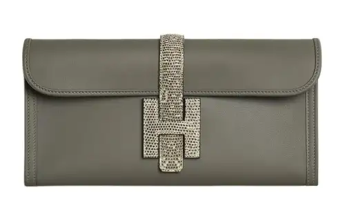 HERMES Jige Elan Swift Calfskin With Lizard Skin Accents Clutch Women's Gray