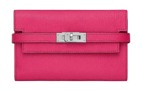 HERMES Silver Tone Buckle Mysore Goat Skin Wallet Women's E5 Rose Tyrien Peach Pink