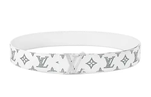 LOUIS VUITTON SHADOW Leather Enamel Leather Belts Men's White Width 4cm