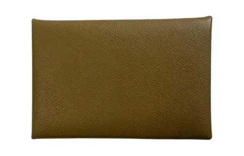HERMES Calvi Silver Tone Buckle Madame Calfskin Card Holder Women's U8 Bronze Dore Copper Gold