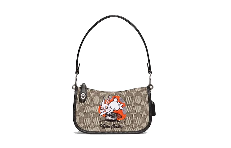COACH X Big White Rabbit, Collaboration Swinger Cow Leather With Fabric Shoulder Bag Small Women's Khaki & Black