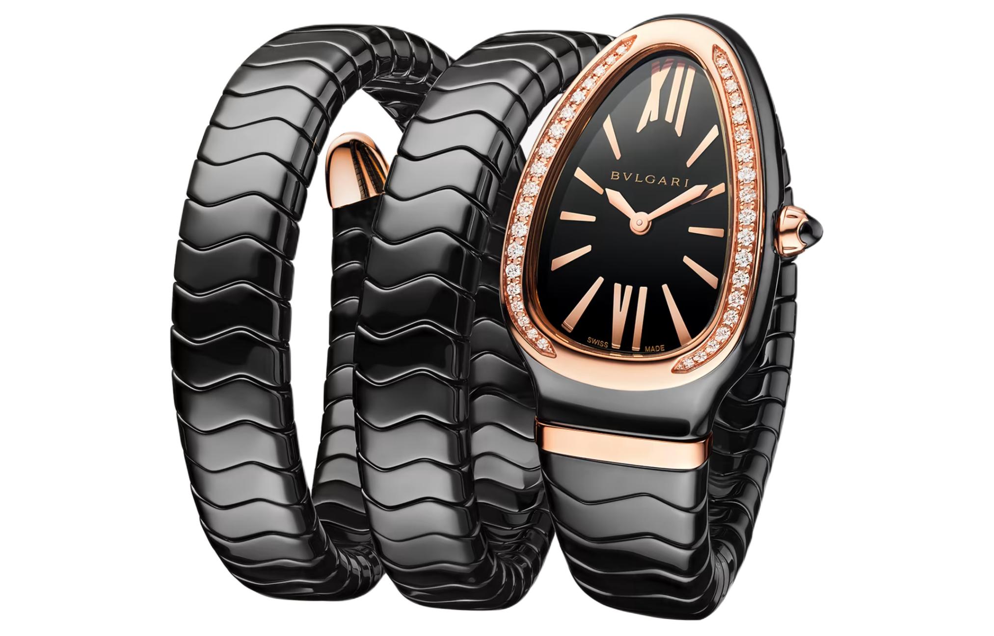 BVLGARI Serpenti Spiga Collection Wrist Watches Quartz Movement Ceramic 18K Rose Gold Strap 35mm Black Dial