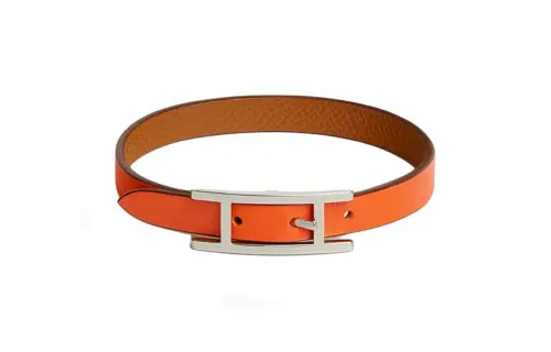 HERMES Calfskin, Palladium Plated Wristbands Women's Orange