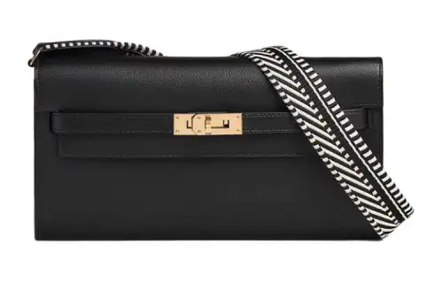 HERMES Kelly To Go Gold tone Lock Evergrain Calfskin Crossbody Wallet Regular Women's Black